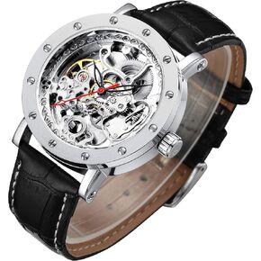 IK COLOURING Men's Watch, Mechanical Stainless Steel Skeleton Steampunk Design Automatic Self-Winding Silver Case Wrist Watch