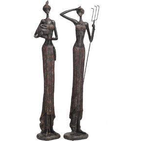 Deco 79 Polystone People Handmade Decorative Sculpture Tall African Women Home Decor Statues with Carved Dresswear, Set of 2 Accent Figurines 32", 32"H, Red