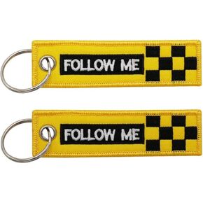 Pinstant Follow Me Black Yellow Checkered Flag Racing Rac Car Motorcycle Driver Driving Embroidered Keychain Key Tag Chain Fob Ring