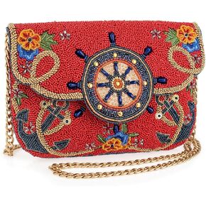 Mary Frances Captain's Helm BeadedNautical Theme Crossbody Clutch Handbag, Red