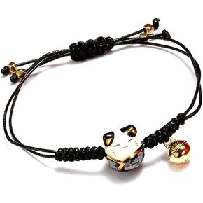 EatingBiting Feng Shui Lucky Ceramics Cat Maneki Neko Fortune Good Luck Wealth black Bracelet Beads Bracelets Adjustable Wealth Health Fortune Rich Money Symbol for Purse Bag Bracelet Key chain cellphone