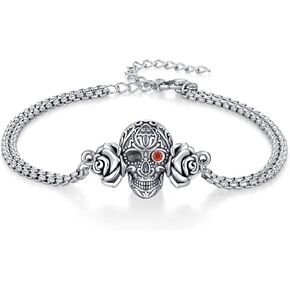 Gothic Skull Bracelet 925 Sterling Silver Skull Rose Flowers Bracelet, Punk Hip Hop Skeleton Head Bracelet Jewelry for Men