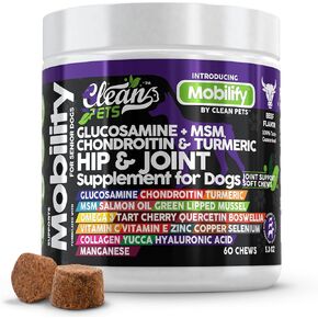 Hip and Joint Supplement Dogs with Glucosamine for Dogs + Chondroitin, Turmeric, Hyaluronic Acid, MSM, Salmon Oil, Collagen, Vitamin C, Omega 3 Hip & Joint Chews Senior Dog Supplements Beef Flavor