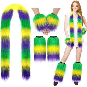 5 Pcs Mardi Gras Costume Accessories for Women Include Mardi Gras Furry Leg Warmers Covers Mardi Gras Fuzzy Boa and Fur Wrist Cuffs for Carnival Adults Men Women Party Outfit