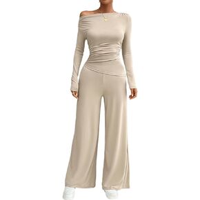 ECHOINE Women's 2 Piece Lounge Sets Sexy Off Shoulder Long Sleeve T Shirt Wide Leg Pants Casual Tracksuit