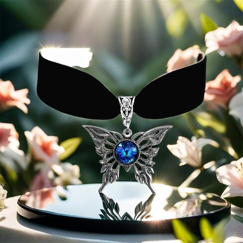 Gothic Velvet Butterfly Pendant Necklace,Vintage Victorian Choker Necklace Punk Cameo Glass Pendant Necklace Animal Insect Butterfly Wings Pendant Necklace Mystic Witch Halloween Jewelry Gift for Women in Kuwait