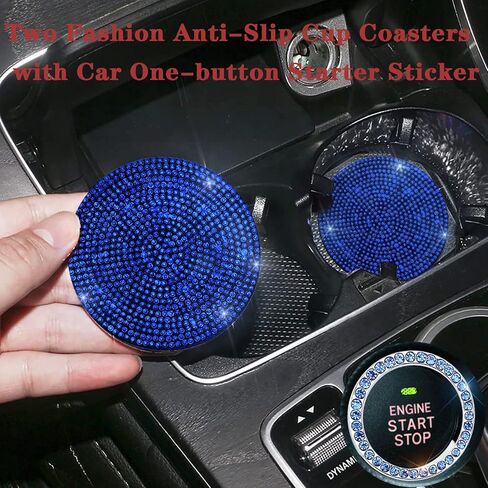 ZHYYQL 2 Pieces Bling Car Coasters with 1 Push Start Button Ignition Starter Ring, Universal Silicone Auto Cup Holder Coaster, 2.75inch Surface Full Crystal Rhinestone Insert Pads for Women(Red)… in Saudi Arabia