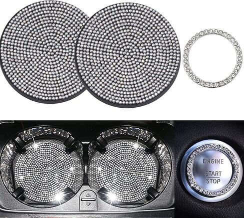 ZHYYQL 2 Pieces Bling Car Coasters with 1 Push Start Button Ignition Starter Ring, Universal Silicone Auto Cup Holder Coaster, 2.75inch Surface Full Crystal Rhinestone Insert Pads for Women(Red)… in Saudi Arabia