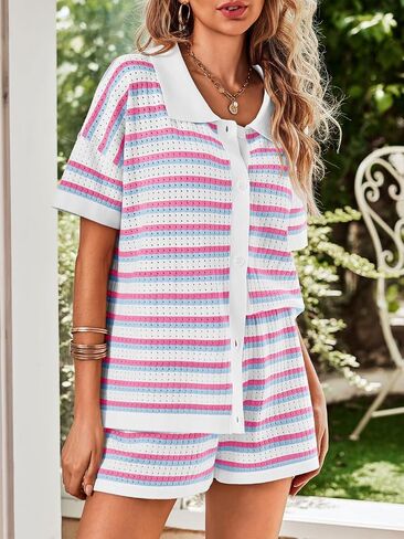 Saodimallsu Womens Striped Pajama Sets Short Sleeve Color Block Crochet Knit Button Top and Shorts 2 Piece Summer Sets in Kuwait