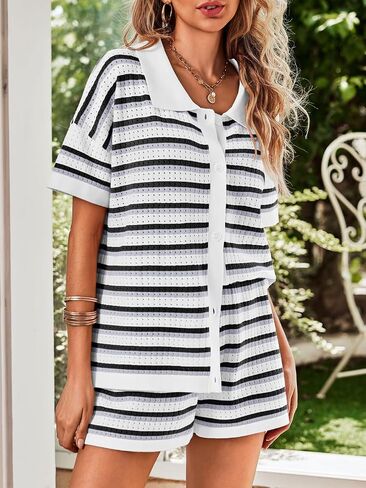 Saodimallsu Womens Striped Pajama Sets Short Sleeve Color Block Crochet Knit Button Top and Shorts 2 Piece Summer Sets in Kuwait