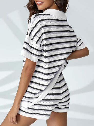 Saodimallsu Womens Striped Pajama Sets Short Sleeve Color Block Crochet Knit Button Top and Shorts 2 Piece Summer Sets in Kuwait