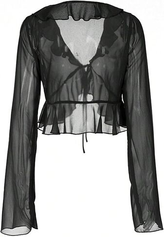 SOLY HUX Women's Sheer Ruffle Trim V Neck Tie Open Front Long Sleeve Crop Tops Blouse in Saudi Arabia