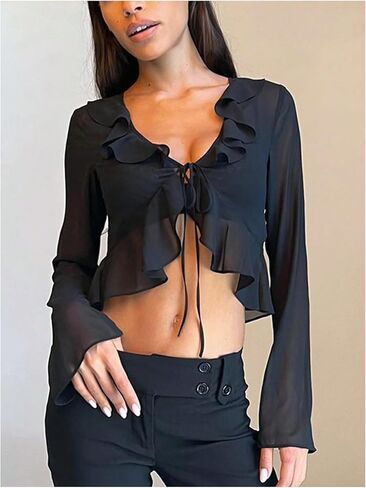 SOLY HUX Women's Sheer Ruffle Trim V Neck Tie Open Front Long Sleeve Crop Tops Blouse in Saudi Arabia