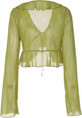 SOLY HUX Women's Sheer Ruffle Trim V Neck Tie Open Front Long Sleeve Crop Tops Blouse in Saudi Arabia