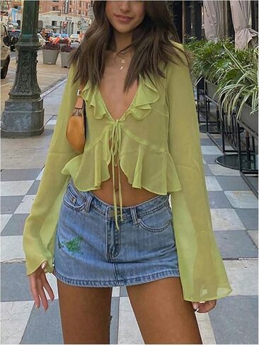 SOLY HUX Women's Sheer Ruffle Trim V Neck Tie Open Front Long Sleeve Crop Tops Blouse in Saudi Arabia