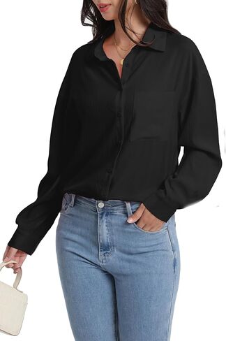 HOCAIES Womens Button Down Shirts Cotton Crepe Dress Shirts V Neck Long Sleeve Blouses Solid Casual with Pockets in Saudi Arabia