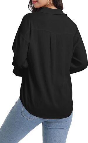 HOCAIES Womens Button Down Shirts Cotton Crepe Dress Shirts V Neck Long Sleeve Blouses Solid Casual with Pockets in Saudi Arabia