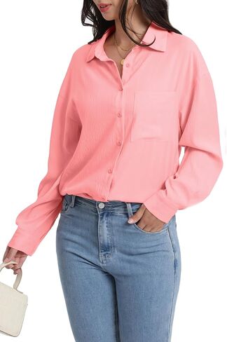 HOCAIES Womens Button Down Shirts Cotton Crepe Dress Shirts V Neck Long Sleeve Blouses Solid Casual with Pockets in Saudi Arabia