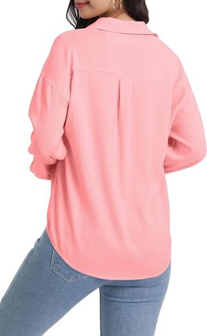 HOCAIES Womens Button Down Shirts Cotton Crepe Dress Shirts V Neck Long Sleeve Blouses Solid Casual with Pockets in Saudi Arabia