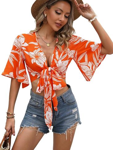 Verdusa Women's Tie Front Flare Half Sleeve Tropical Crop Top Boho Blouses in Saudi Arabia