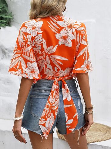 Verdusa Women's Tie Front Flare Half Sleeve Tropical Crop Top Boho Blouses in Saudi Arabia