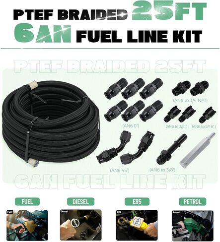 6AN 3/8" PTFE LS Swap EFI Fuel Line Fitting Kit E85 Nylon Braided Fuel Hose 25FT Black in Saudi Arabia