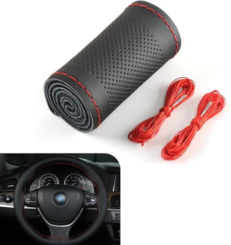 غطاء عجلة قيادة السيارة Pack-1، غطاء حماية جلدي مضاد للخدش مقاس 14.9 بوصة لجميع المواسم، غطاء مسامي غير قابل للانزلاق وسهل الإمساك مع حزام أسلاك DIY، عالمي للسيارات (أسود وأحمر) in Kuwait