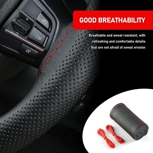 غطاء عجلة قيادة السيارة Pack-1، غطاء حماية جلدي مضاد للخدش مقاس 14.9 بوصة لجميع المواسم، غطاء مسامي غير قابل للانزلاق وسهل الإمساك مع حزام أسلاك DIY، عالمي للسيارات (أسود وأحمر) in Kuwait