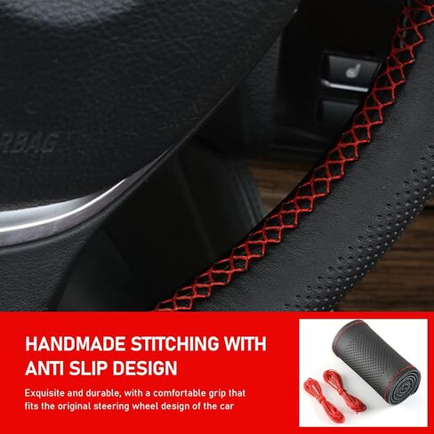 غطاء عجلة قيادة السيارة Pack-1، غطاء حماية جلدي مضاد للخدش مقاس 14.9 بوصة لجميع المواسم، غطاء مسامي غير قابل للانزلاق وسهل الإمساك مع حزام أسلاك DIY، عالمي للسيارات (أسود وأحمر) in Kuwait