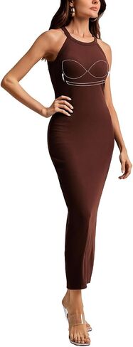 ANYFITTING Women's Built in Bra Halter Dress Bodycon Maxi Long Ribbed Sleeveless Casual Lounge Dresses in Saudi Arabia