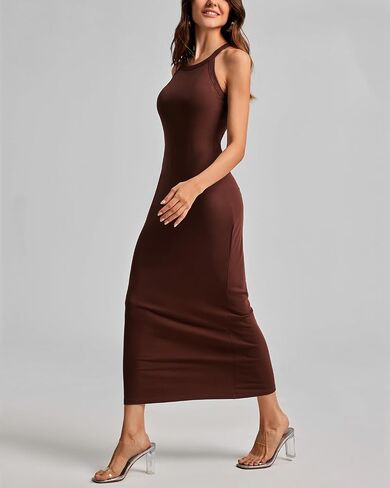 ANYFITTING Women's Built in Bra Halter Dress Bodycon Maxi Long Ribbed Sleeveless Casual Lounge Dresses in Saudi Arabia
