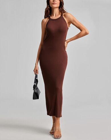 ANYFITTING Women's Built in Bra Halter Dress Bodycon Maxi Long Ribbed Sleeveless Casual Lounge Dresses in Saudi Arabia