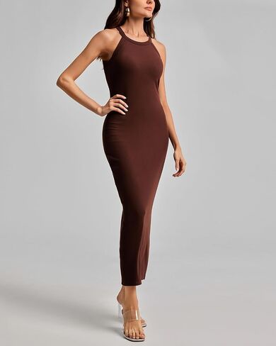 ANYFITTING Women's Built in Bra Halter Dress Bodycon Maxi Long Ribbed Sleeveless Casual Lounge Dresses in Saudi Arabia