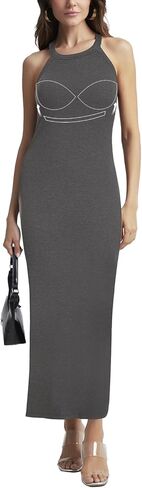 فستان ANYFITTING النسائي المدمج في حمالة الصدر مع رسن Bodycon ماكسي طويل مضلع بدون أكمام فساتين صالة غير رسمية in Kuwait