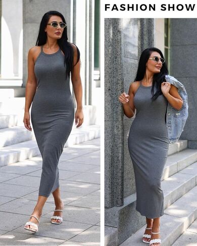 فستان ANYFITTING النسائي المدمج في حمالة الصدر مع رسن Bodycon ماكسي طويل مضلع بدون أكمام فساتين صالة غير رسمية in Kuwait