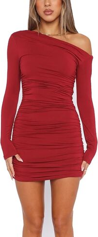 Women's Sexy Bodycon One Shoulder Long Sleeve Ruffle Mini Dress Club Party Cocktail Y2K in Saudi Arabia