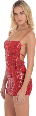 فستان كوكتيل قصير نسائي بترتر أحمر: تجريدي من خشب الماهوجني، قصة ضيقة، بدون أكمام، رقبة مربعة، وظهر مفتوح in Kuwait