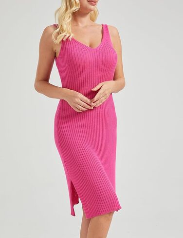 Women’s Sleeveless Tank Dress V Neck Rib Knitted Bodycon Midi Dress in Saudi Arabia