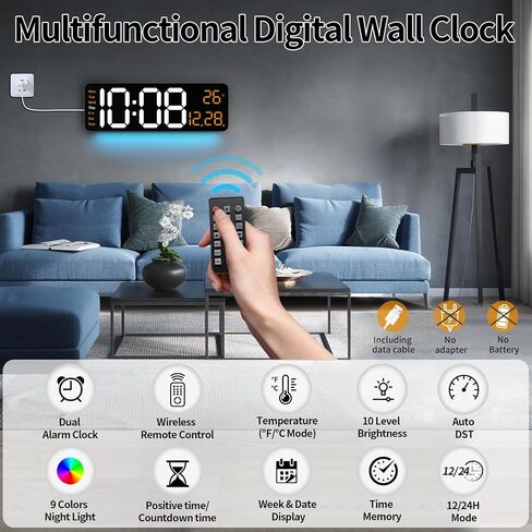 Digital Wall Clock with Remote Control, 16.2" Wall Clock with Large Display, LED Digital Clock for Classroom, Livingroom, Auto-Dimming & Coloured Second Hand, DST, Temperature, Wall decor (Colorful) in Saudi Arabia