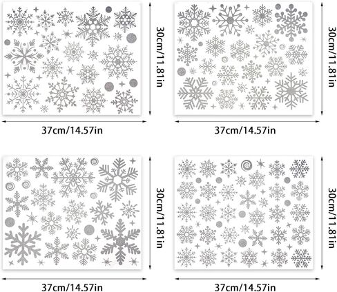 4 Sheet Christmas Snowflake Window Clings 147Pcs Silver Glitter Snowflakes Window Decals Window Stickers Winter Wonderland Decorations for Christmas Holiday Party (Silver) in Kuwait