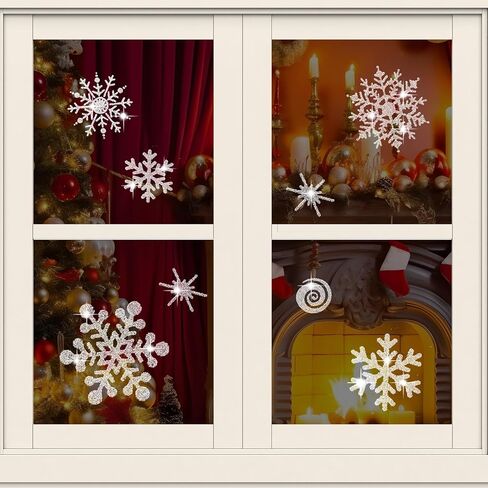 4 Sheet Christmas Snowflake Window Clings 147Pcs Silver Glitter Snowflakes Window Decals Window Stickers Winter Wonderland Decorations for Christmas Holiday Party (Silver) in Kuwait