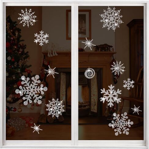 4 Sheet Christmas Snowflake Window Clings 147Pcs Silver Glitter Snowflakes Window Decals Window Stickers Winter Wonderland Decorations for Christmas Holiday Party (Silver) in Kuwait