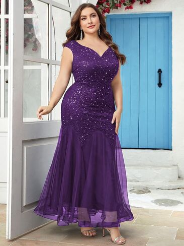 Miusol Women's Plus Size Sequins Lace Tulle Mermaid Hem V-Neck Sleeveless Formal Evening Party Maxi Dress in Saudi Arabia