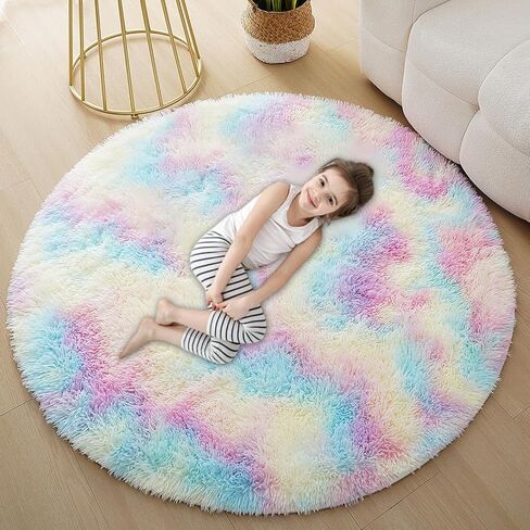 Skyweaver Round Rug for Girls Bedroom, 3x3 Fluffy Circle Rugs for Nursery, Furry Carpet for Children Kids Room, Cute Soft Shaggy Rug for Girls Home Decor, Fuzzy Plush Carpets for Dorm, Rainbow in Saudi Arabia