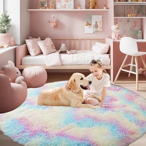 Skyweaver Round Rug for Girls Bedroom, 3x3 Fluffy Circle Rugs for Nursery, Furry Carpet for Children Kids Room, Cute Soft Shaggy Rug for Girls Home Decor, Fuzzy Plush Carpets for Dorm, Rainbow in Saudi Arabia