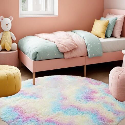 Skyweaver Round Rug for Girls Bedroom, 3x3 Fluffy Circle Rugs for Nursery, Furry Carpet for Children Kids Room, Cute Soft Shaggy Rug for Girls Home Decor, Fuzzy Plush Carpets for Dorm, Rainbow in Saudi Arabia