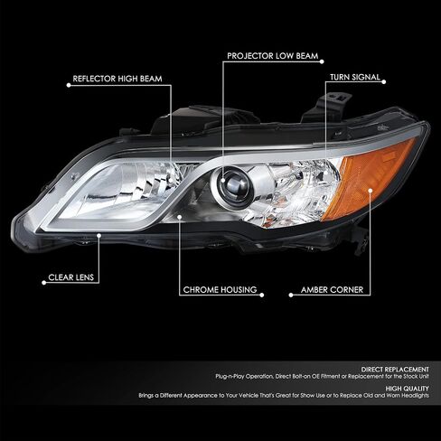 DNA MOTORING مصباح أمامي لجهاز العرض طراز OE متوافق مع 13-15 Acura RDX، كروم/عدسة شفافة/عاكس كهرماني، OEM-HL-0189-L in Saudi Arabia