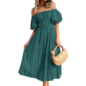 ZESICA Women's Sexy Boho Off Shoulder Puff Short Sleeve High Waist Ruffled Flowy A Line Beach Party Midi Dress