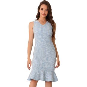Allegra K Tweed Dress for Women's Sleeveless V Neck Ruffles Bodycon Plaid Dresses