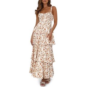Wenrine Womens Summer Floral Maxi Dresses Sleeveless Spaghetti Strap Tie Back Ruffle Tiered Flowy Dresses